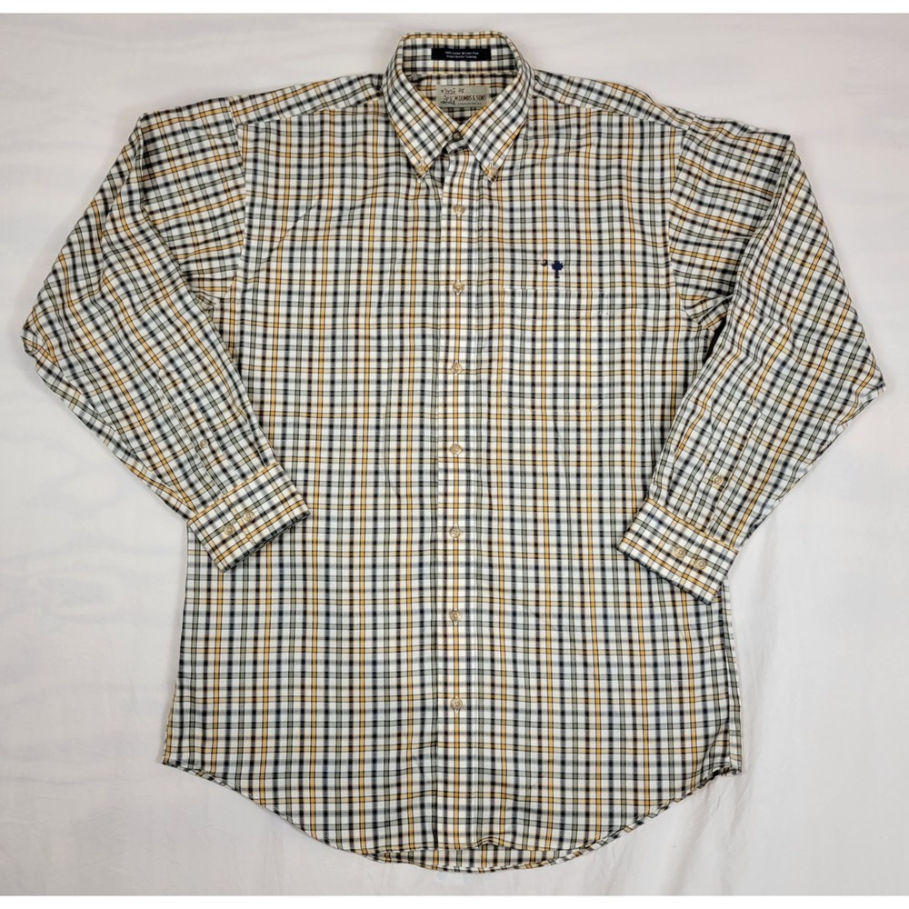 M Dumas & Sons Mens Plaid Button Down Shirt Yellow Navy Blue Wrinkle Free Medium